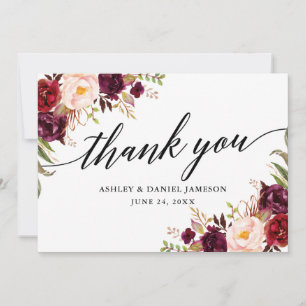 Calligraphy Burgundy Floral Wedding Dankeskarte