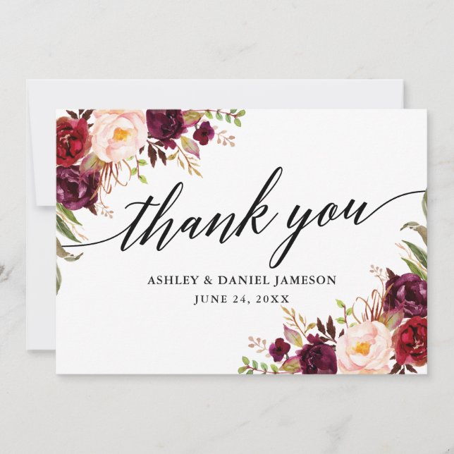 Calligraphy Burgundy Floral Wedding Dankeskarte (Vorderseite)