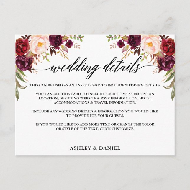 Calligraphy Burgundy Floral Wedding Details Card Einladungspostkarte (Vorderseite)