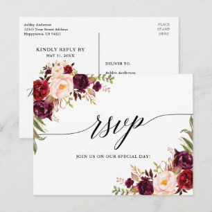 Calligraphy Burgundy Floral Wedding RSVP Postkarte