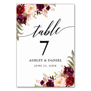 Calligraphy Burgundy Floral Wedding Tischnummer