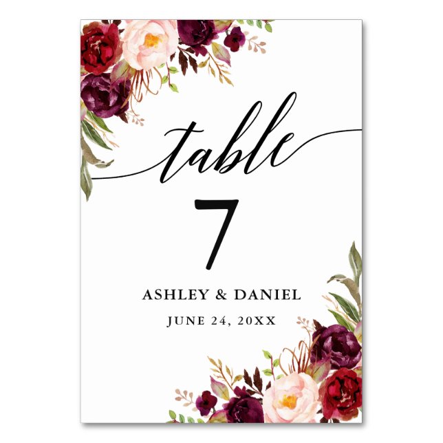 Calligraphy Burgundy Floral Wedding Tischnummer (Vorderseite)