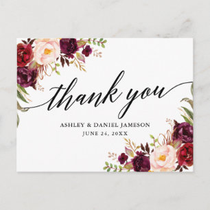 Calligraphy Burgundy Floral Wedding Vielen Dank Postkarte