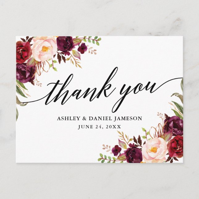 Calligraphy Burgundy Floral Wedding Vielen Dank Postkarte (Vorderseite)