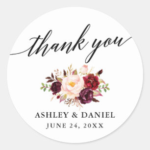 Calligraphy Burgundy Floral Wedding Vielen Dank Runder Aufkleber