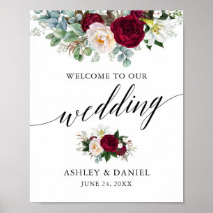 Calligraphy Burgundy Floral Wedding Willkommen Poster