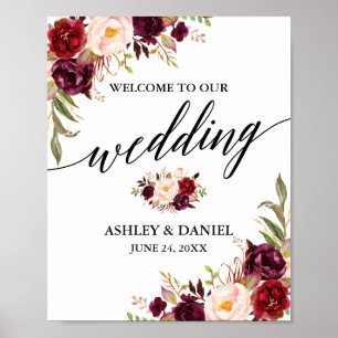 Calligraphy Burgundy Floral Wedding Willkommen Poster