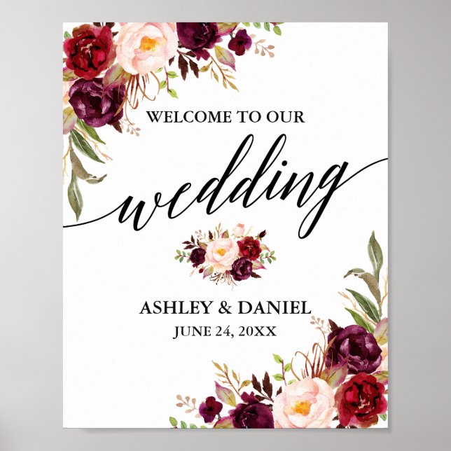 Calligraphy Burgundy Floral Wedding Willkommen Poster (Vorne)