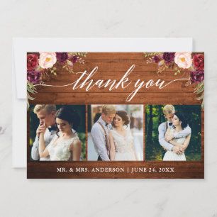 Calligraphy Burgundy Floral Wedding Wood 3 Foto Dankeskarte