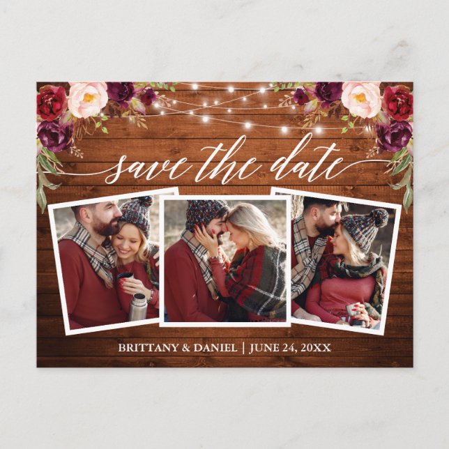 Calligraphy Burgundy Floral Wood Save the Date Postkarte (Vorderseite)
