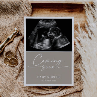 Calligraphy Chic Taupe Coming Soon Pregnancy Card Einladung