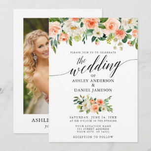Calligraphy Coral Floral Foto Wedding Einladung