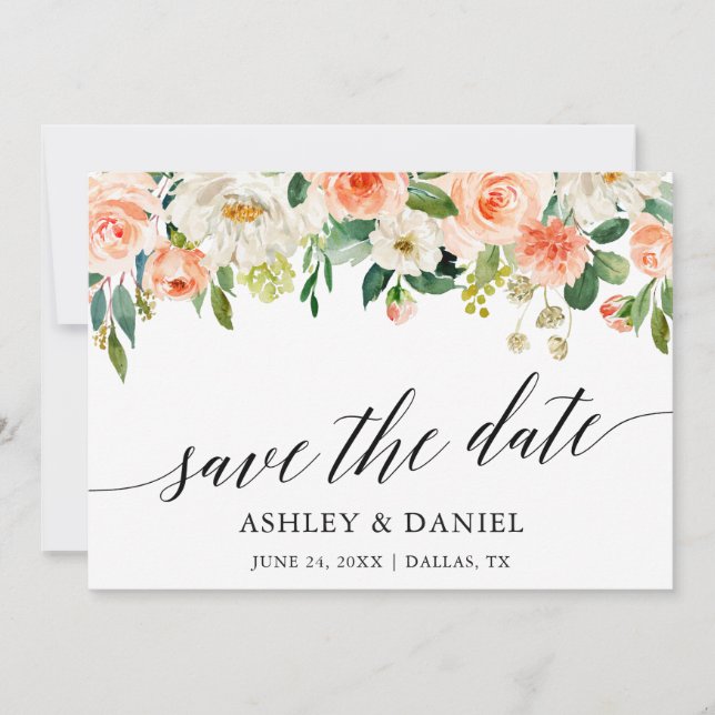 Calligraphy Coral Floral Save the Date Card (Vorderseite)