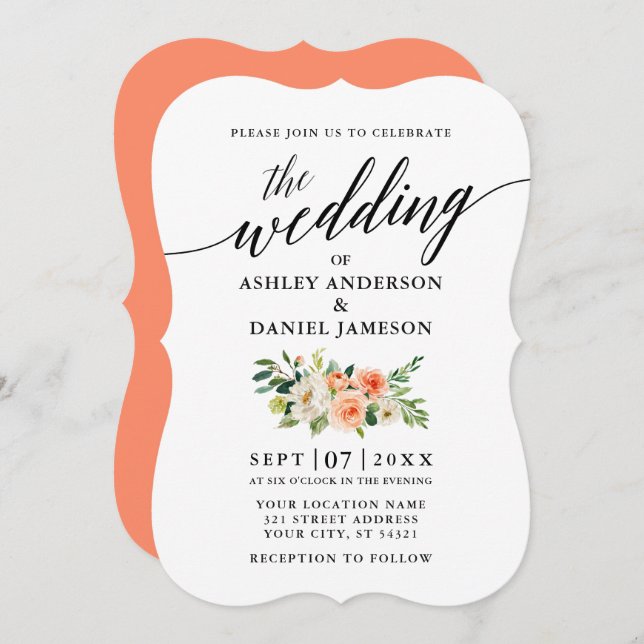 Calligraphy Coral Floral Wedding Einladung (Vorne/Hinten)