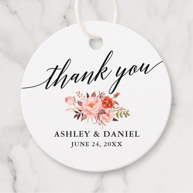 Calligraphy Coral Floral Wedding Vielen Dank Geschenkanhänger (Vorderseite)