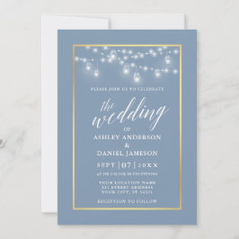 Calligraphy Dusty Blue Jar Lights Gold Wedding Einladung