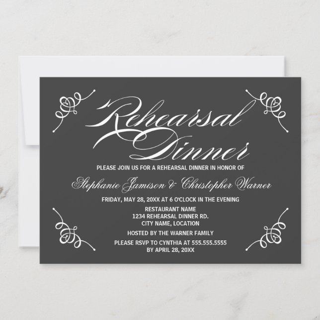 Calligraphy Elegance Grau Probe Abendessen Einladung (Vorderseite)