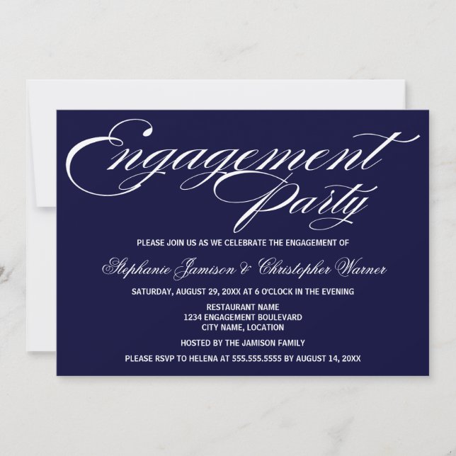 Calligraphy Elegance Navy Blue Engagement Party Einladung (Vorderseite)