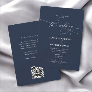 Calligraphy Elegant QR Code Navy Blue Wedding Einladung