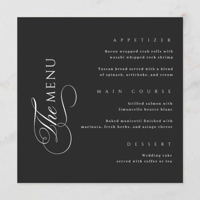 Calligraphy Elegant Square Black Wedding Menu Menükarte (Vorderseite)