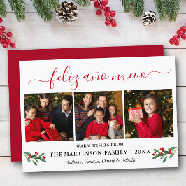 Calligraphy Feliz Ano Nuevo 3 Foto Red Holly Feiertagskarte