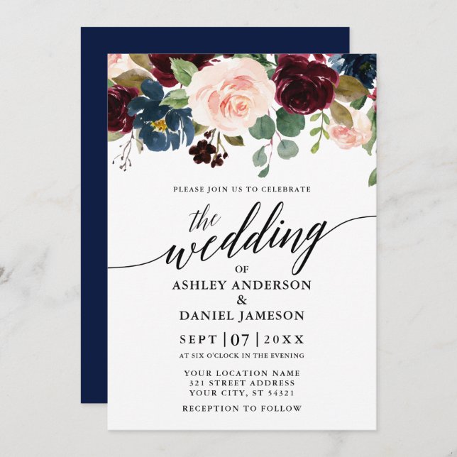 Calligraphy Floral Burgundy Blue Pink Wedding Einladung