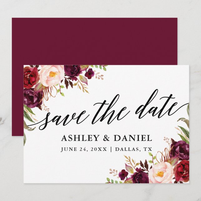 Calligraphy Floral Burgundy Save the Date Card Dankeskarte (Vorne/Hinten)