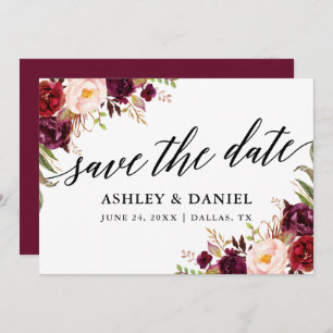 Calligraphy Floral Burgundy Save the Date Card Dankeskarte