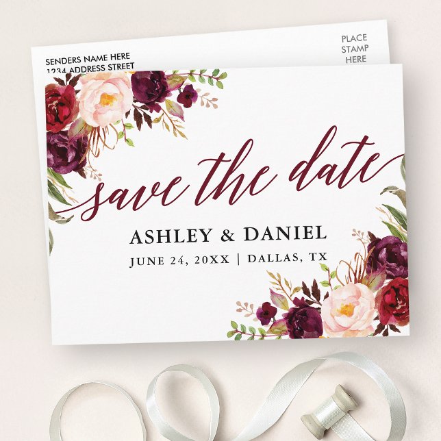 Calligraphy Floral Burgundy Save the Date Postkarte (Customize to change your personalized text size or text style.)