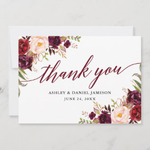 Calligraphy Floral Burgundy Wedding Dankeskarte