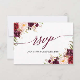 Calligraphy Floral Burgundy Wedding RSVP Meetingka Karte