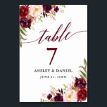 Calligraphy Floral Burgundy Wedding Tischnummer<br><div class="desc">Moderne elegante Kalligraphie,  Watercolor Burgundy Marsala Floral Wedding Table Card</div>