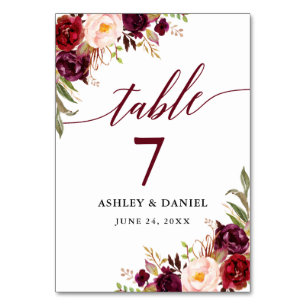 Calligraphy Floral Burgundy Wedding Tischnummer