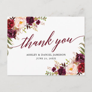 Calligraphy Floral Burgundy Wedding Vielen Dank Postkarte