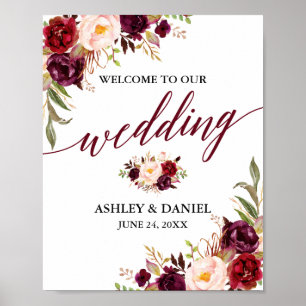 Calligraphy Floral Burgundy Wedding Willkommen Poster