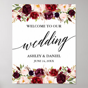 Calligraphy Floral Burgundy Wedding Willkommen Poster