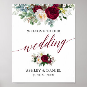 Calligraphy Floral Burgundy Wedding Willkommen Poster