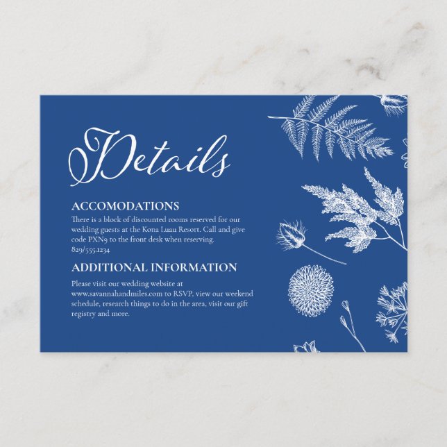 Calligraphy & Floral Marseille Blue Wedding Begleitkarte (Vorderseite)