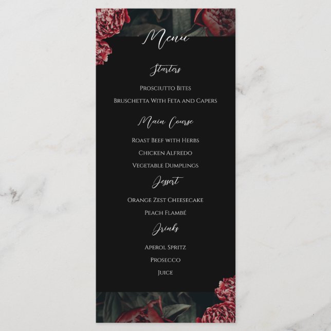 Calligraphy Floral Peony Gothic Wedding Menu Menükarte (Vorderseite)