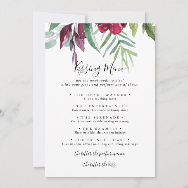 Calligraphy Floral Wedding Kissing Menu Game Card (Vorderseite)