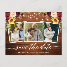 Calligraphy Floral Wood Burgundy Save the Date Postkarte