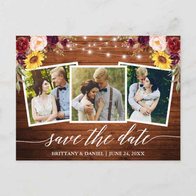 Calligraphy Floral Wood Burgundy Save the Date Postkarte (Vorderseite)