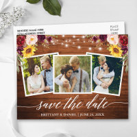 Calligraphy Floral Wood Burgundy Save the Date