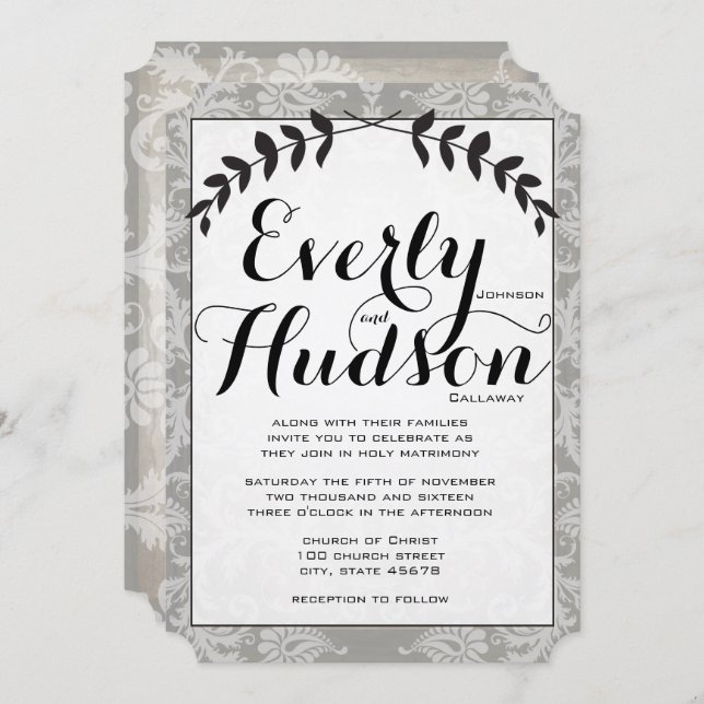 Calligraphy Garland Damask Brown Paper Wedding Einladung (Vorne/Hinten)