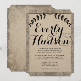Calligraphy Garland Damask Brown Paper Wedding Einladung