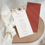 Calligraphy Graceful Floral Dinner Menükarte<br><div class="desc">Diese kalligraphische Karte für ein blumengeschmücktes Abendessen ist perfekt für eine rustikale Hochzeit. Die Einrichtung ist in Weiß,  Bordeaux,  rosa Rosen und Herbstlauben gehalten. Dieses Menü kann für Hochzeitsempfang,  Probe Dinner,  Brautparty oder jede Veranstaltung verwendet werden.</div>