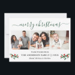 Calligraphy Green Merry Christmas Holly 3 Foto Feiertagskarte<br><div class="desc">Modernes Kalligrafie Script 3 Foto Familienfoto Collage Die Weihnachtskarte enthält Weihnachtsbäume Heilige Berries - Waldgrüne Schrift</div>