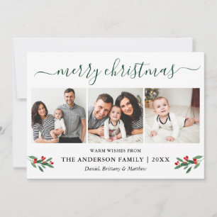 Calligraphy Green Merry Christmas Holly 3 Foto Feiertagskarte