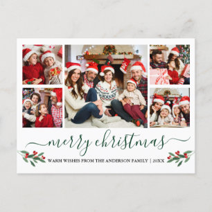 Calligraphy Green Merry Christmas Holly 5 Foto Postkarte