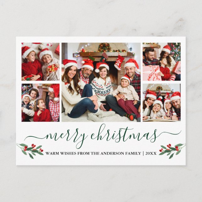 Calligraphy Green Merry Christmas Holly 5 Foto Postkarte (Vorderseite)